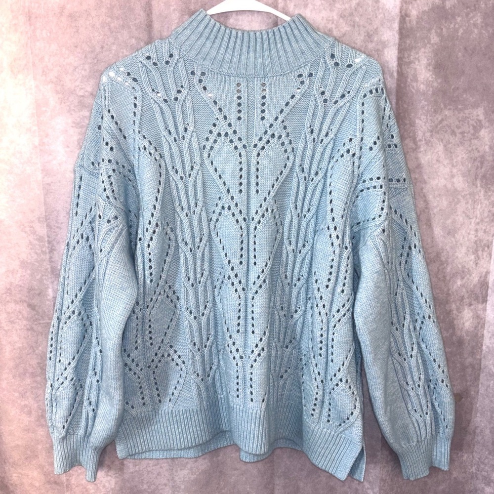 LOFT Womens Large Light Blue Pointelle Mock Neck Knit Sweater  Wool Blend